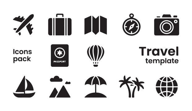Holiday travel template with airplane suitcase map compass camera sailboat and balloon icons.