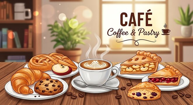 Elegant breakfast pastries and coffee on rustic table.