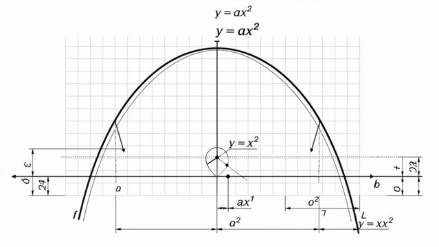 Diagram of parabola with different quadratic functions displaying symmetry and mathematical concepts