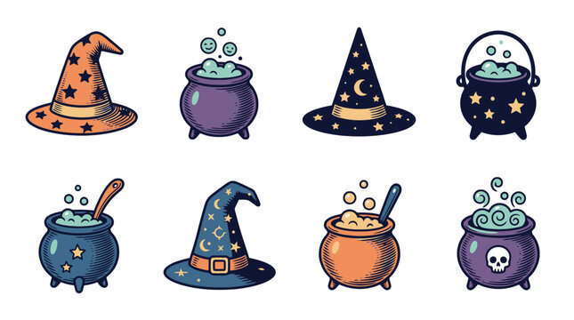 Cute cartoon wizard potion icons set with cauldrons and magic hats vector illustration.