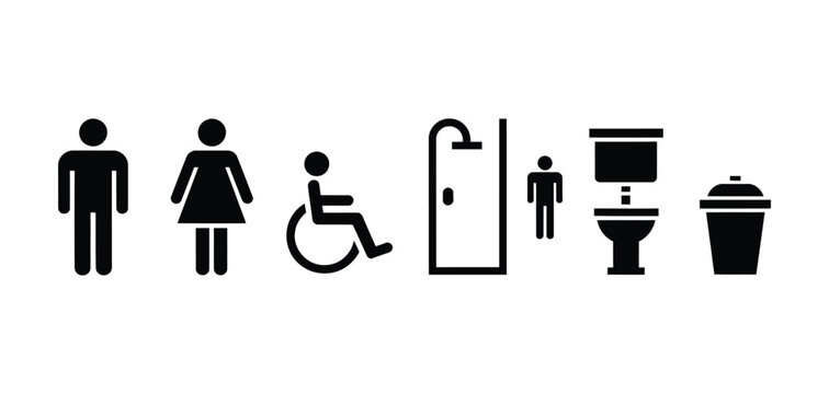 Public restroom icon set, male female accessible baby changing family symbols, simple black toilet signage vector set.