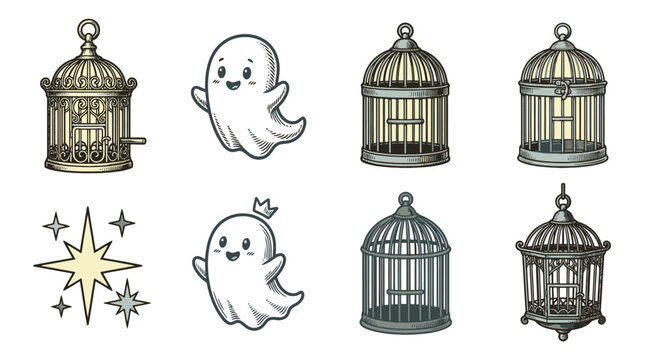 Halloween ghost icons with vintage bird cages and sparkle symbols vector set.