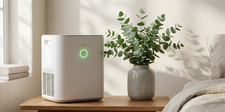 Modern white air purifier with green indicator light for clean air and healthy living in a bright, minimalist bedroom.