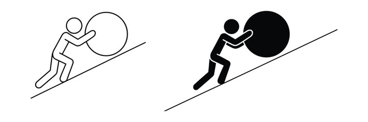 Man pushing a boulder vector icon set in outline and silhouette styles representing effort, determination, resilience and uphill challenge motivation theme, vector, designs © MUNNU