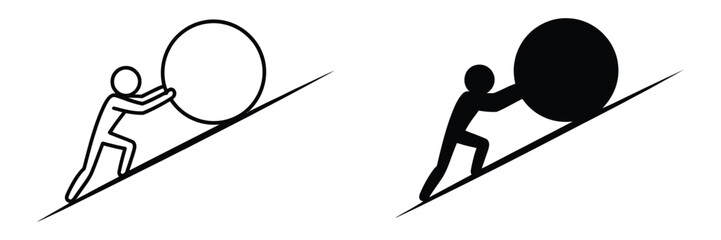 Man pushing a boulder uphill icon set featuring outline and silhouette styles for struggle, persistence, hard work and overcoming challenges concept, vector, designs © MUNNU