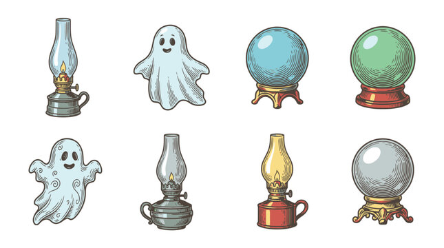 Mystical crystal balls and ghost lantern vector icons set.