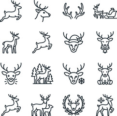 Set of minimalist line art reindeer icons and graphics on white background © Md Imran