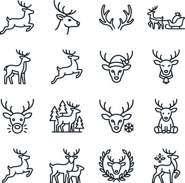 Set of minimalist line art reindeer icons and graphics on white background