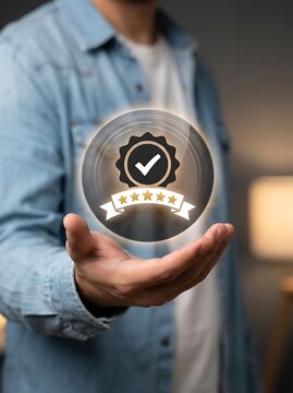 Person presenting premium quality badge icon symbolizing trust assurance and high standard service