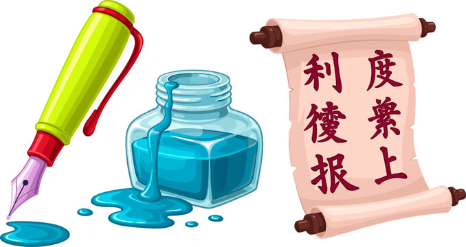 Traditional Asian Calligraphy and Writing Set with Fountain Pen Blue Ink Bottle Splash and Chinese Script Paper Scroll Vector Illustration