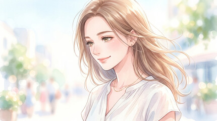 Naklejka premium 夏の柔らかな風と光に包まれたビジネスウーマンを描いた水彩風イラストです。 淡いブルーとアイボリーの色彩が清潔感を演出します。