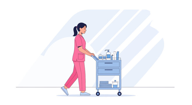 Nurse Pushing Medical Cart with Supplies