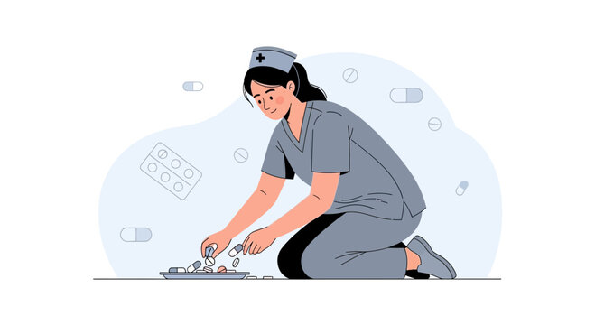 Nurse preparing pills and medication on a tray, surrounded by capsules and blister packs. Modern flat illustration style.