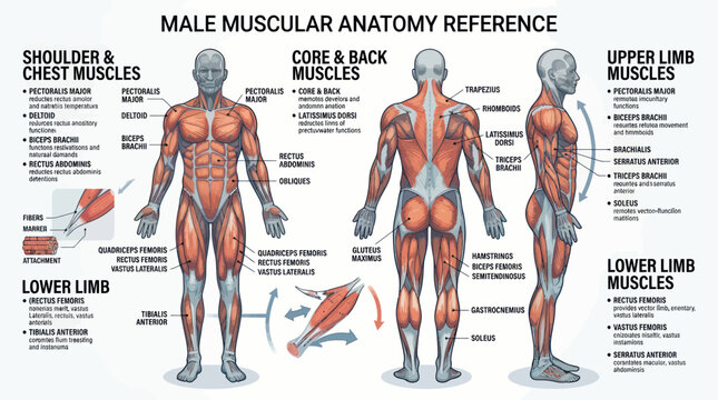 Male muscular anatomy reference chart showing major muscle groups