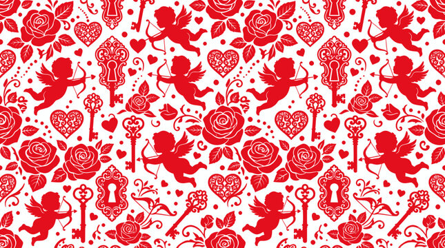 Valentine seamless pattern with cupid roses and vintage keys