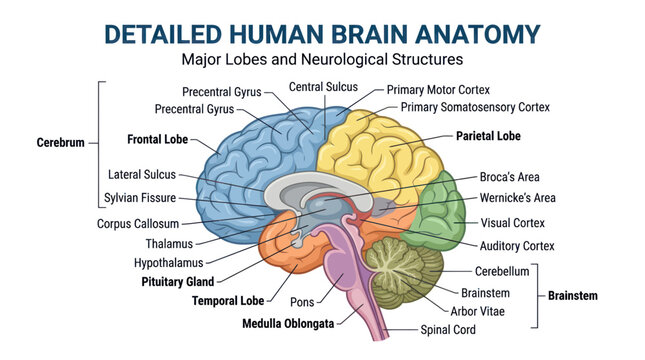 Human brain anatomy diagram showing major lobes and structures