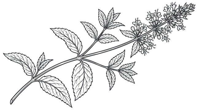 Sprig of fresh mint with blooming flowers and textured leaves