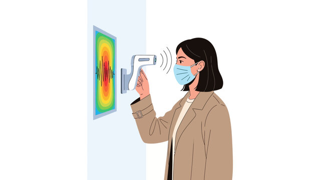 Woman in face mask getting temperature checked with infrared thermometer, heat map displayed on wall.