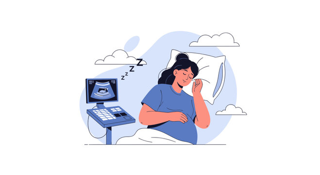 Pregnant Woman Sleeping Peacefully Next to Ultrasound Machine, Showing Baby Image and "Zzz" Symbols