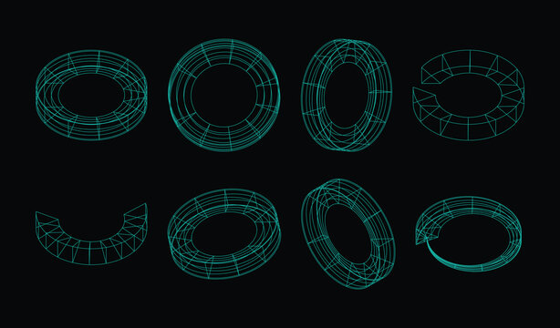 Set of 3d wireframe torus shapes in different angles and cut styles, digital abstract geometric elements for technology and futuristic design