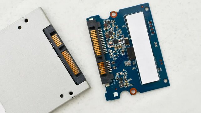 Close-up of an SSD circuit board, showcasing the complexity and precision of modern storage technology.