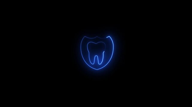 Blue Neon Tooth Shield Icon on Black Background dental protection