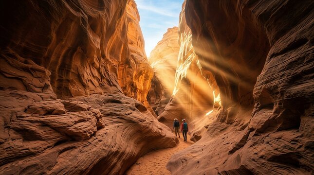 Two hikers walking through a narrow sandstone canyon with sunlight streaming through the top