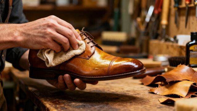 A shoemaker applies conditioner or wax with a cloth to a polished brown leather dress shoe in a workshop