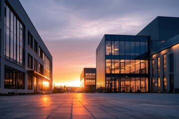 Obraz premium Modern glass office buildings reflecting sunset glow in a business park during golden hour for corporate real estate marketing
