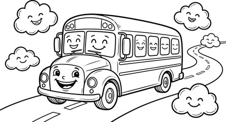 Cute school bus with smiling faces coloring page for kids and toddlers activity book © monoara begum