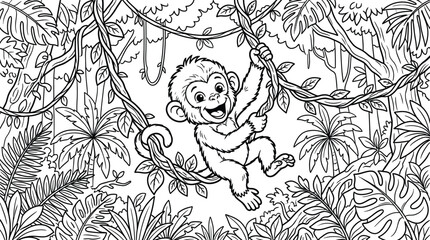 Monkey in jungle vines coloring page for kids and adults detailed line art illustration © monoara begum