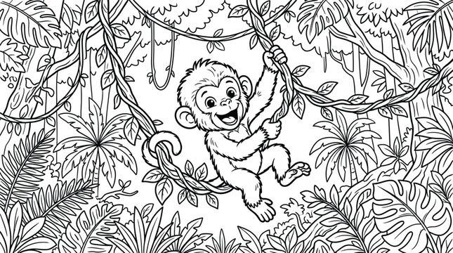 Monkey in jungle vines coloring page for kids and adults detailed line art illustration