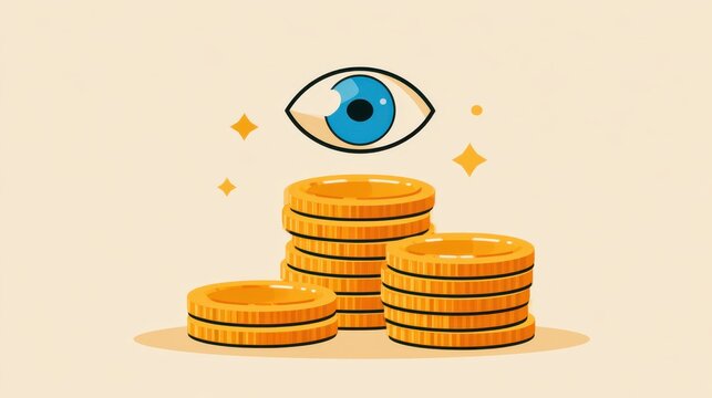Stacks of gold coins with a blue eye hovering above, symbolizing financial vigilance or investment watchfulness.