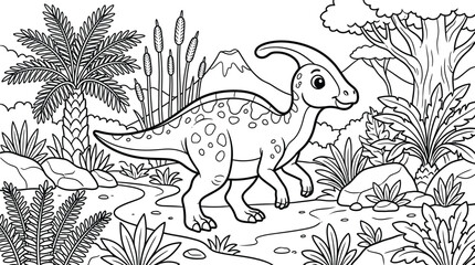Fototapeta premium Dinosaur coloring page adorable parasaurolophus in prehistoric jungle scene for kids and adults