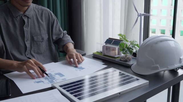 Electrical engineer working on solar panel blueprint sustainable energy