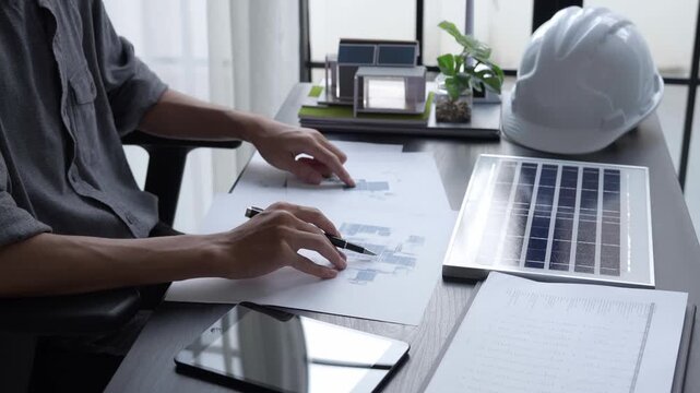 Electrical engineer working on solar panel blueprint sustainable energy