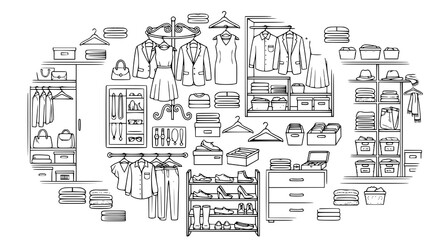 Obraz premium Closet Storage and Wardrobe Organization Line Art Vector Collection