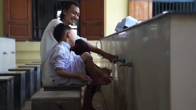 A series of photos showing a heartwarming moment of an adult teaching and helping a young Muslim boy perform Wudu (Islamic ritual purification) at a mosque's ablution area before prayer.