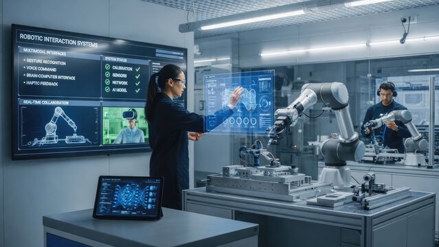 High-tech robotics interaction exploring digital interfaces in innovative laboratories
