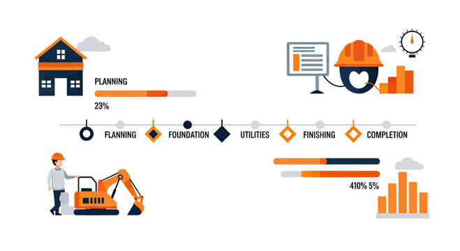 House Construction Process Infographic with Timeline Stages from Planning to Completion