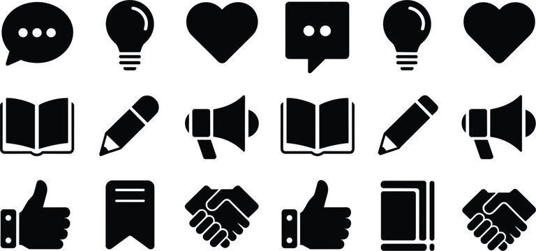 Collection of black communication and business icons on white background chat bubble speech bubble