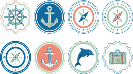 Nautical Travel and Marine Adventure Round Badge Vector Set, Vintage Emblem Designs Featuring Ship Wheel, Anchor, Compass Rose, Dolphin, and Suitcase Symbols for Exploration Themes. © wellcomejun