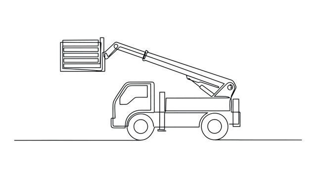 aerial work platform truck with telescopic boom lift, continuous line art vector illustration for construction, maintenance, utility services and equipment