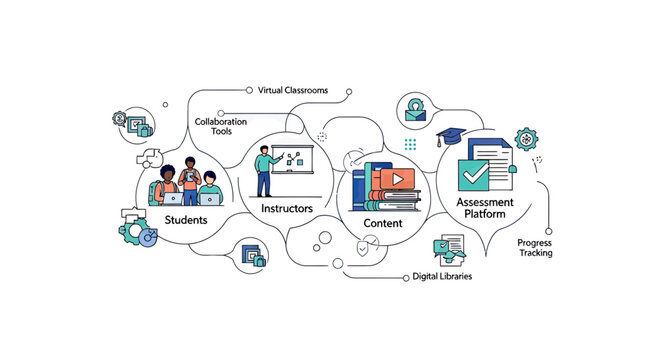 Online Education Ecosystem Concept with Students, Instructors, Digital Content, and Assessment Platform Tools