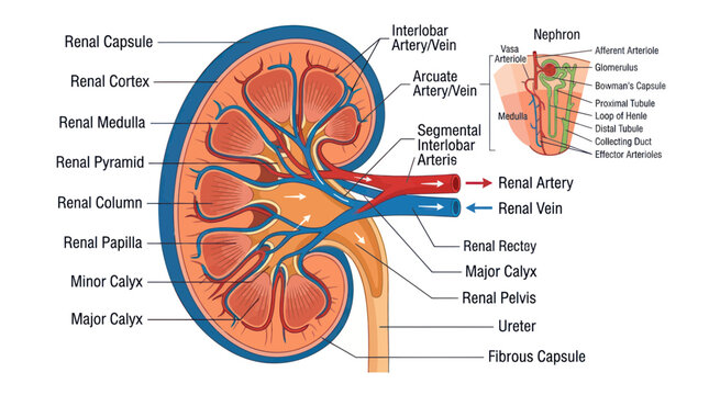 Medical diagram of human kidney anatomy with nephron detail
