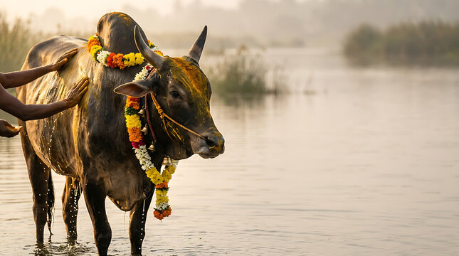 Sacred bull adorned with flower garlands being blessed in a river