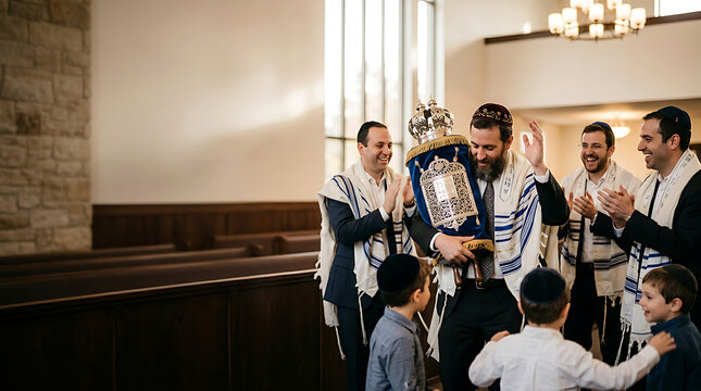 Group of jewish men celebrating with a torah scroll in synagogue