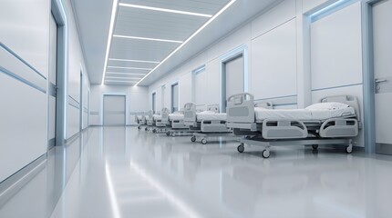 Obraz premium Futuristic hospital corridor with rows of modern medical beds in a clean sterile high tech facility healthcare commercial technology abstract concept