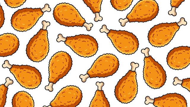 Looping footage featuring crispy fried chicken drumsticks in a seamless repeating pattern. Perfect for fast food promotions, restaurant ads, menu displays, and food themed motion content.