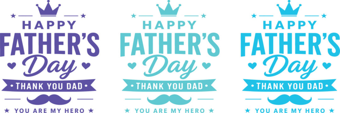 Father's day typography set navy teal and cyan designs with mustache and crown